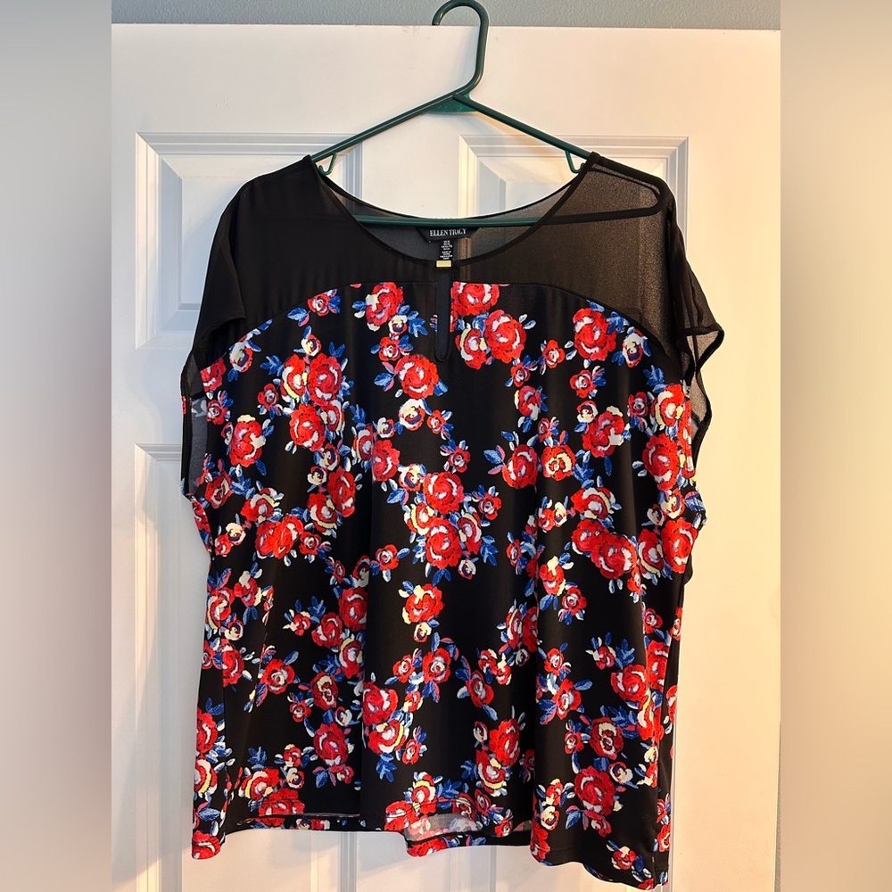 Ladies Ellen Tracy 2 pack blouse size XL floral print and black shirt sleeve - Picture 3 of 13